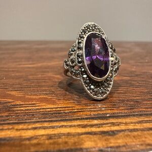 Vintage Elongated AMETHYST STONE RING MarcasiteStones 925 STERLING SILVER Size 7